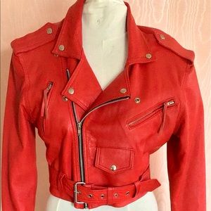 1980s Lipstick Red Leather Moto Jacket. NWOTs